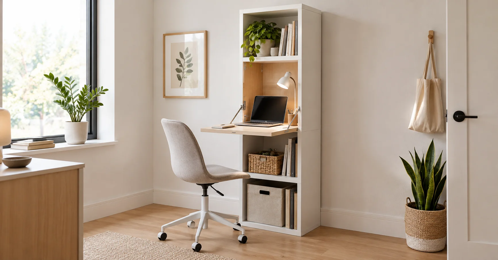 Slim vertical IKEA Kallax shelf with a fold-down desk open in a small home office