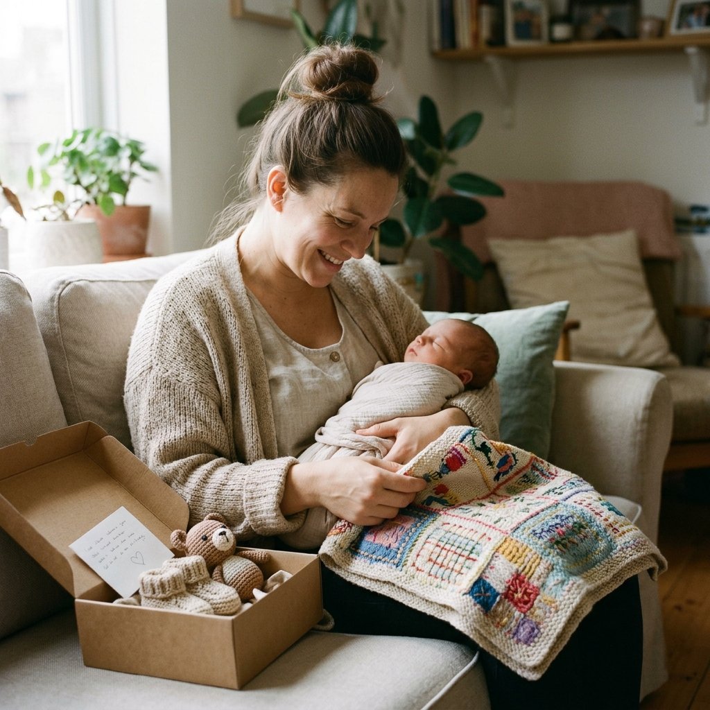 A beautiful handmade gift basket for a new mom featuring a soft knitted baby blanket, scented candle, herbal tea, handmade soap, and tiny baby keepsakes, with a loving, cozy nursery background.