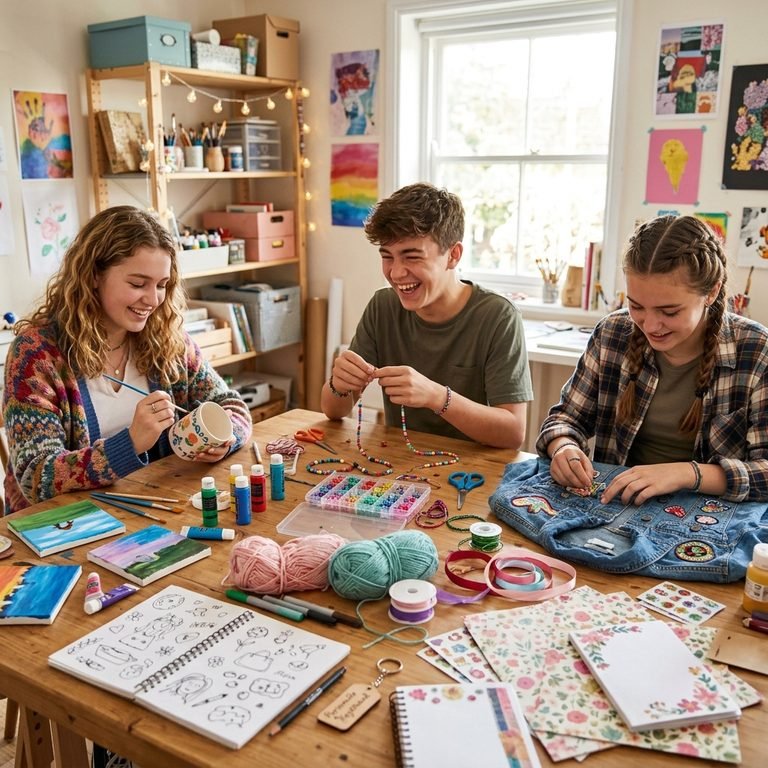 Creative, colorful, and fun DIY gift inspiration featuring handmade bracelets, watercolor sets, embroidered hoops, personalized journals, beaded keychains, tie-dye clothing, and unique craft projects