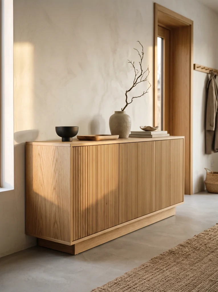 Fluted Oak Fronts and a Plinth Base entry storage