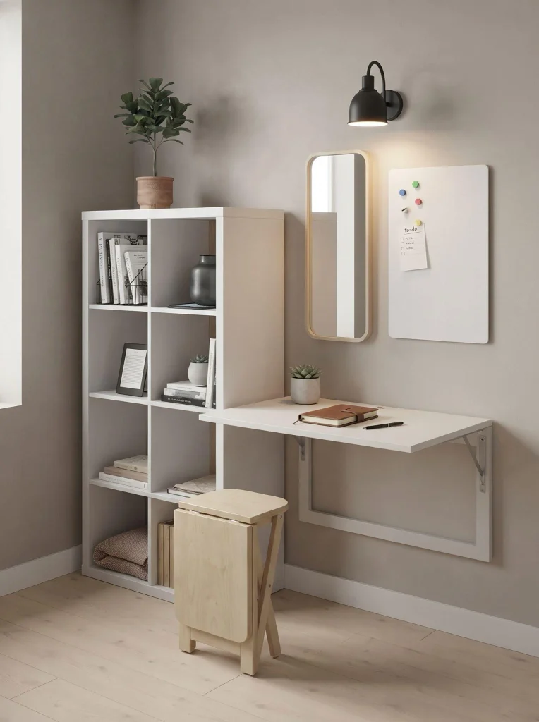 Slim vertical IKEA Kallax with a fold-down desk for a small home office.