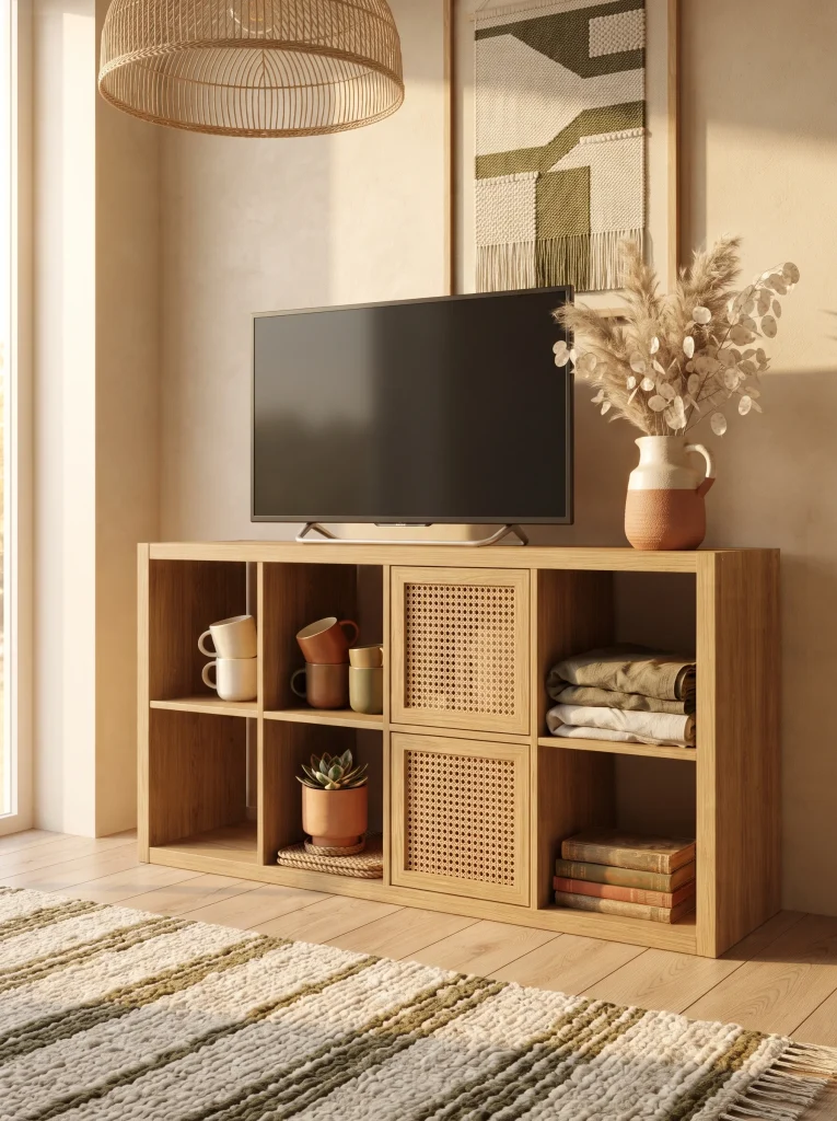 Cane webbing cabinet doors on a Kallax TV stand