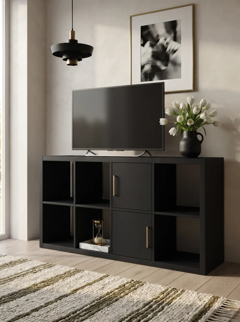 Black Kallax Tv Stand with brass hardware