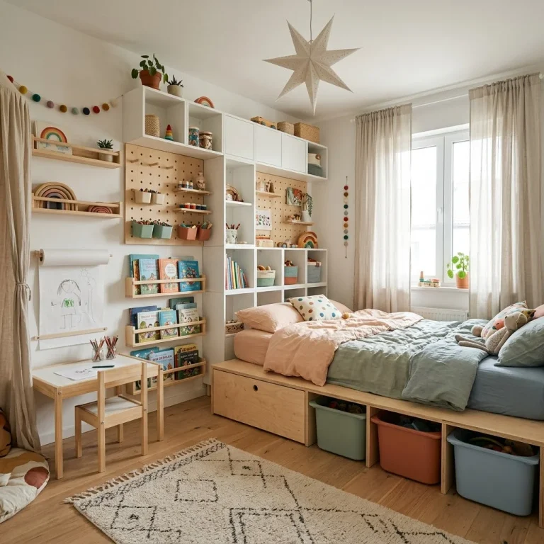 IKEA kids’ bedroom storage hacks with space-saving shelves, toy bins, and smart organization ideas.