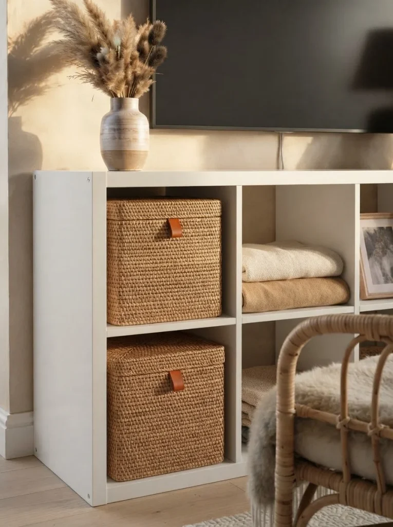 Woven Basket inserts in tv stand