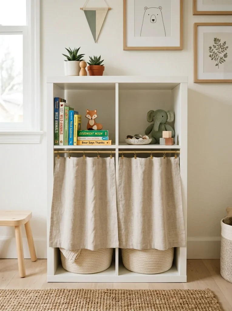 White KALLAX shelf with a linen curtain hiding lower storage cubbies, woven rope baskets, board books, and soft Scandinavian kids’ room decor.