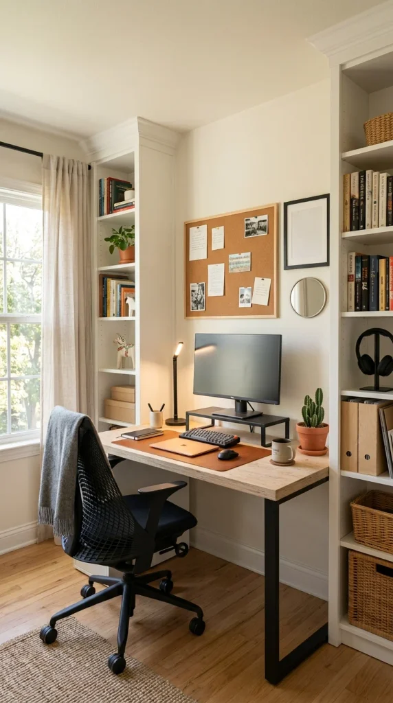 White BILLY bookcases framing an oak desk with a lamp and minimalist decor in a bright Scandinavian bedroom.