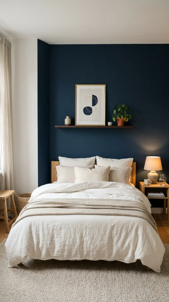 Deep navy accent wall behind a bed with white linen bedding and brass-framed art in a modern Scandinavian bedroom.