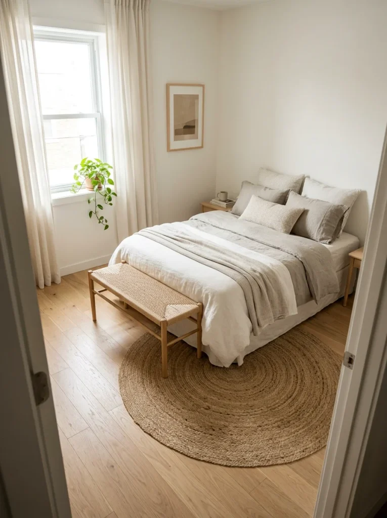 Alt text: Small Scandinavian bedroom with a centered bed, clear walkway to the window, slim bench, round jute rug, and light oak accents.
