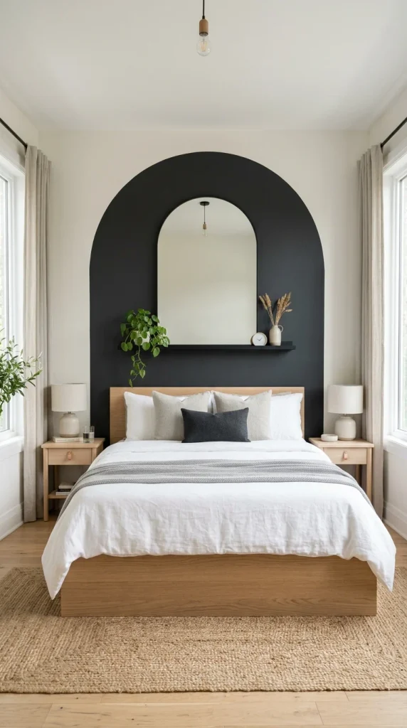 Charcoal painted arch behind a platform bed in a modern teen bedroom, featuring a black arch mirror, floating shelf, and crisp Scandinavian decor.