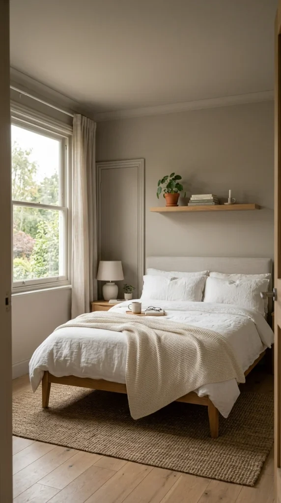 Warm greige Scandinavian bedroom with white linen bedding, oak shelf, and minimalist decor.