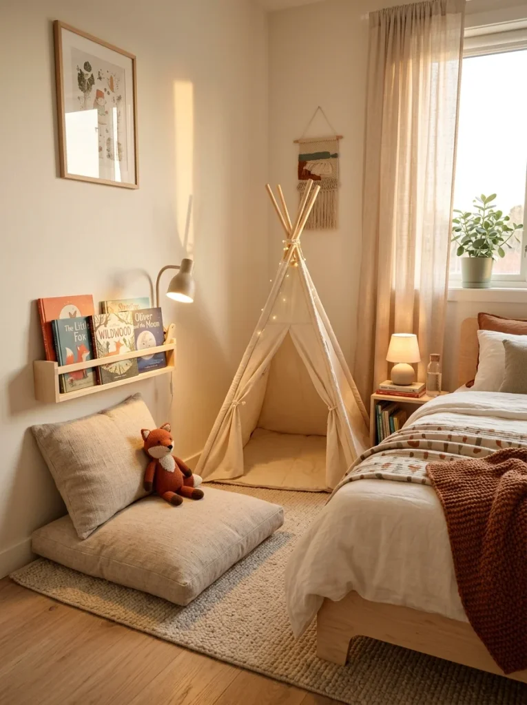 Cozy Scandinavian kids’ bedroom corner with a linen floor cushion, clip-on reading light, small teepee, and warm natural decor.
