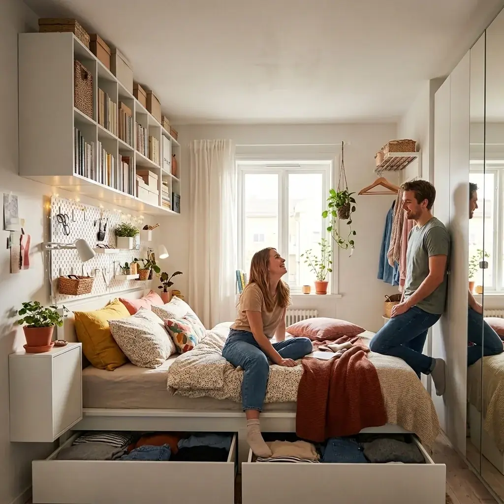 IKEA bedroom hacks for couples sharing a small bedroom, featuring space-saving furniture, smart storage, and cozy decor.