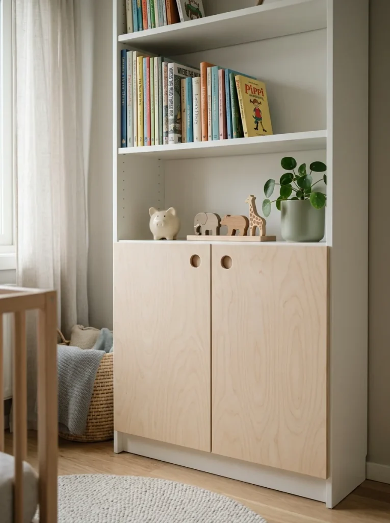 White BILLY bookcase with birch plywood cabinet doors, open bookshelves, and minimalist Scandinavian kids’ room decor.