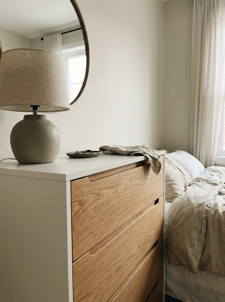 White MALM dresser with warm oak veneer drawer fronts, slim finger pulls, a round mirror, ceramic lamp, and minimalist decor in a Scandinavian bedroom.