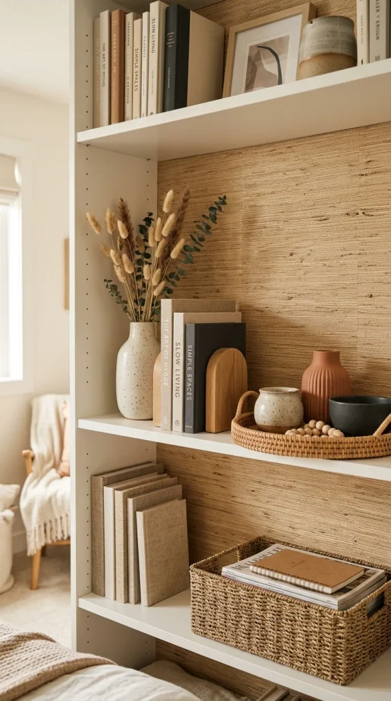 White BILLY bookcase with grasscloth-look wallpaper, stacked books, ceramic vases, and woven trays in a Scandinavian teen bedroom.
