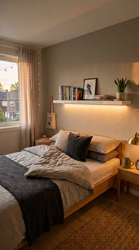 White floating shelf above a bed with warm LED lighting and minimalist decor.