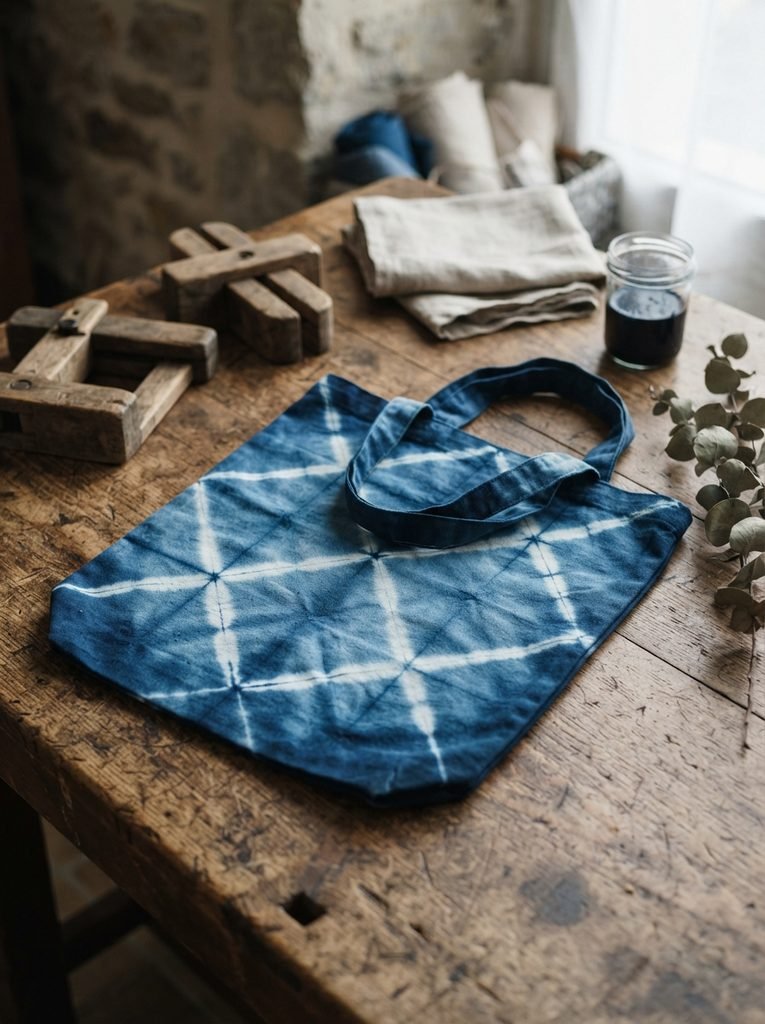  Handmade indigo shibori tote bag with a crisp white diamond pattern displayed on a rustic wooden table with dye jars, linen fabric, and dried eucalyptus.