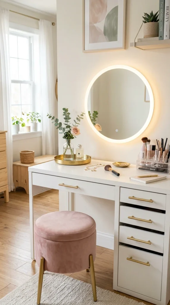 White MICKE drawer desk styled as a vanity with brushed gold pulls, a round LED mirror, velvet stool, acrylic organizers, and fresh flowers in a bright Scandinavian teen bedroom.

