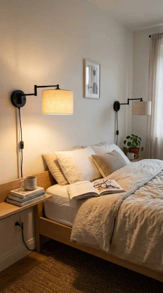 Matte black swing-arm wall sconces beside a bed in a cozy Scandinavian bedroom with warm lighting.