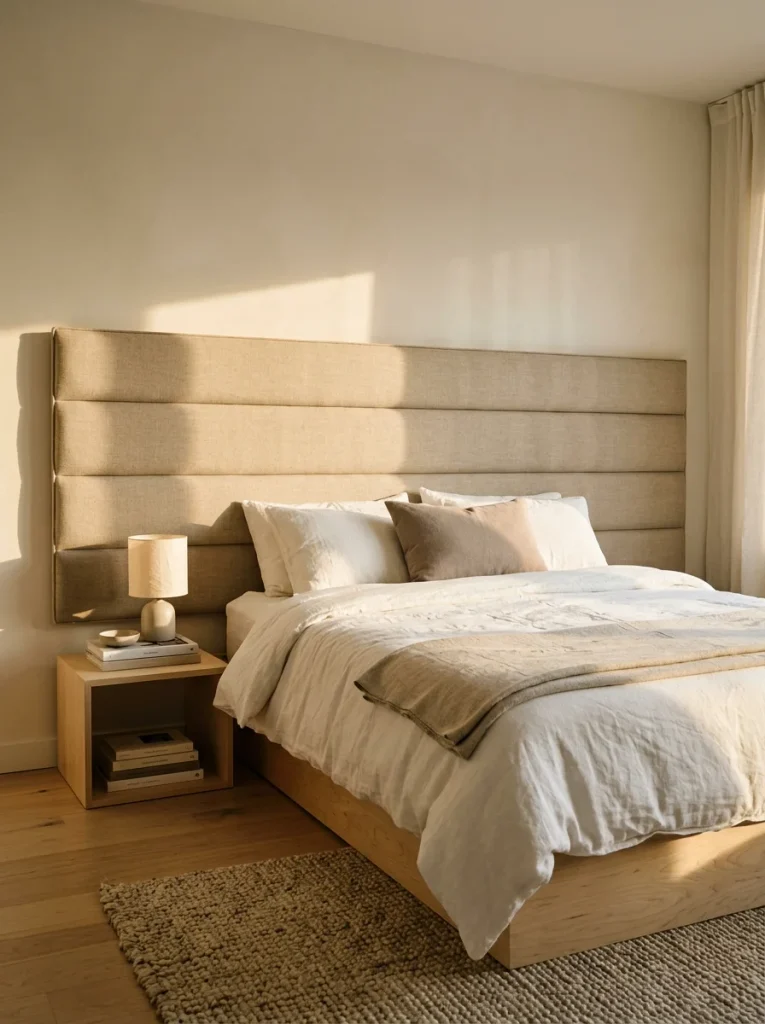 Oatmeal linen-upholstered wall-mounted headboard behind a low bed with white bedding, warm golden-hour lighting, stacked books, and minimalist Scandinavian decor.