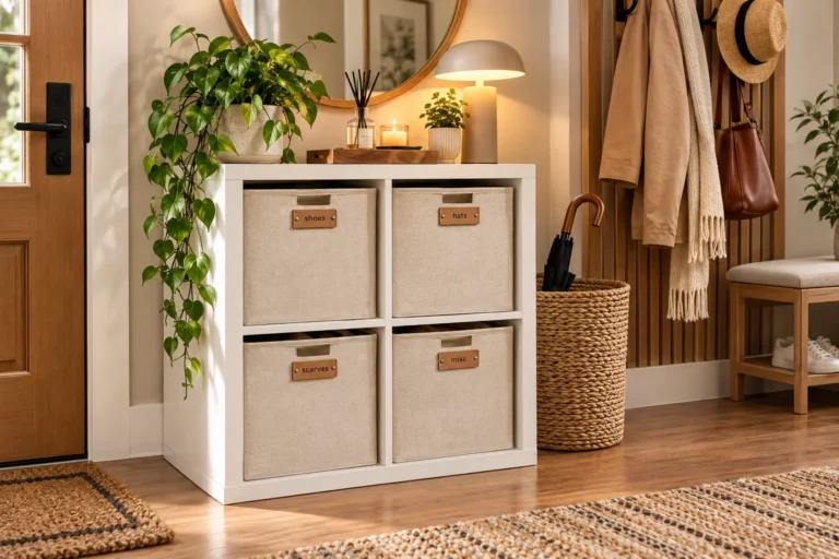 White IKEA Kallax entryway storage makeover with stylish woven bins.