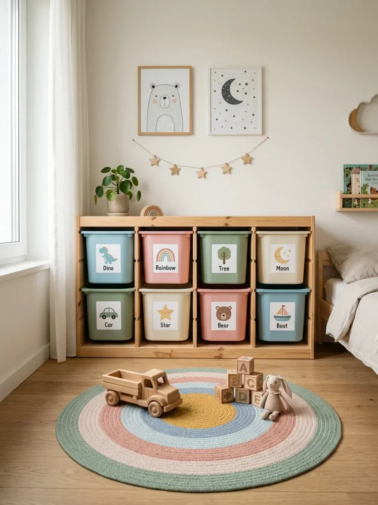 Low pine toy storage unit with pastel sage, blush, blue, and cream bins, picture labels, rainbow rug, and wooden toys in a Scandinavian kids’ bedroom.
