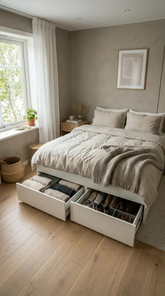 White storage bed with open drawers for clothes and shoes in a small Scandinavian bedroom.