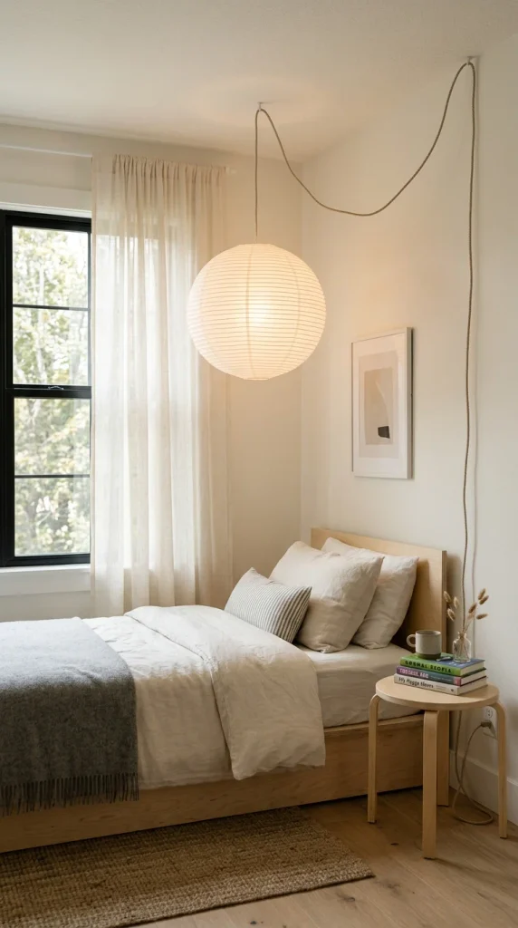 White rice paper lantern with a warm glow beside sheer ivory curtains and a low bed in a serene Scandinavian teen bedroom.
