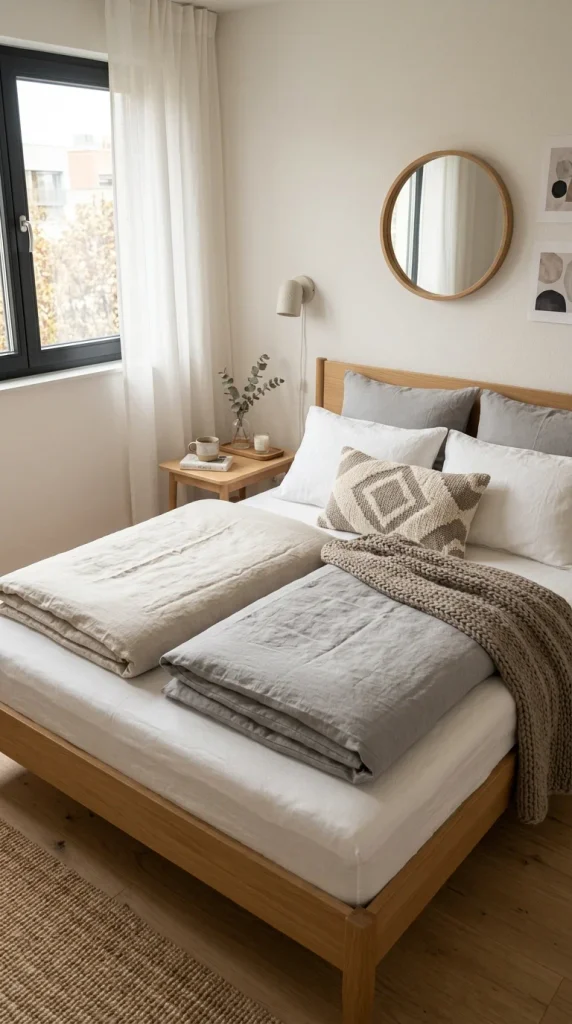 Queen bed with two separate linen duvets in oatmeal and soft gray in a peaceful Scandinavian bedroom.