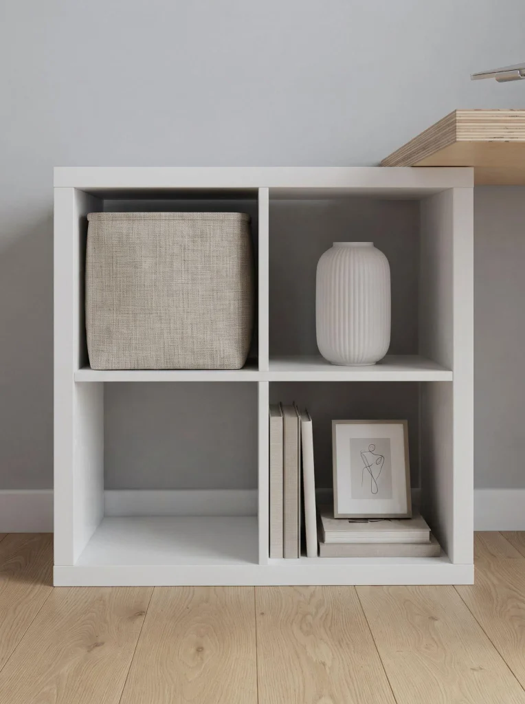 IKEA Kallax cube styling for a calm, organized home office.











