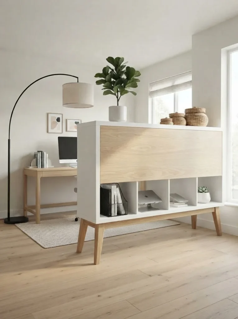 IKEA Kallax with tapered oak legs for a modern home office.