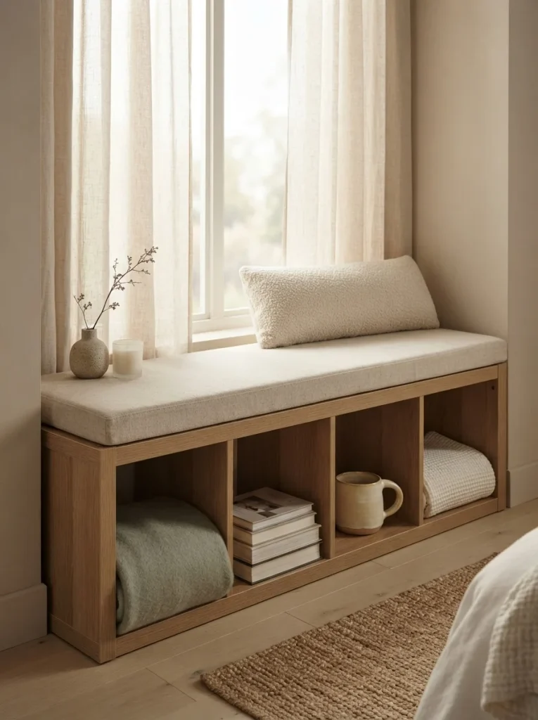 Kallax window seat bench with storage in a stylish living room