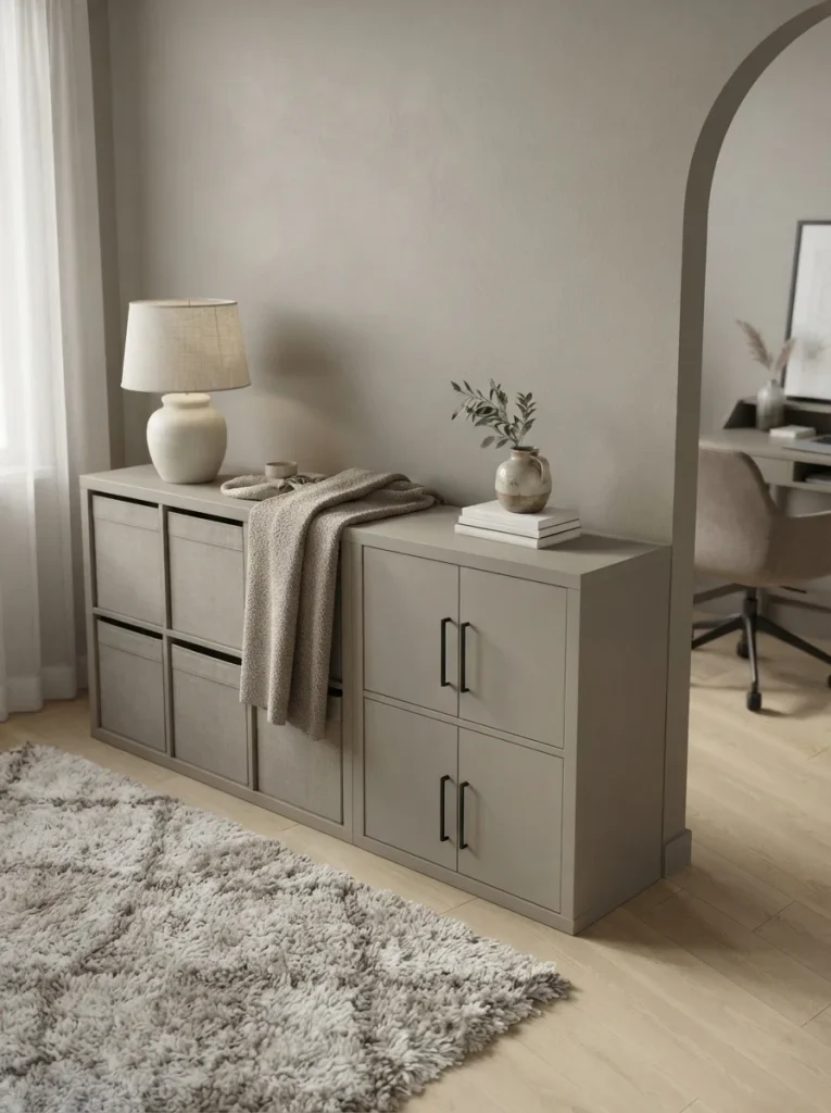 Stylish living room greige Kallax makeover with black handles
