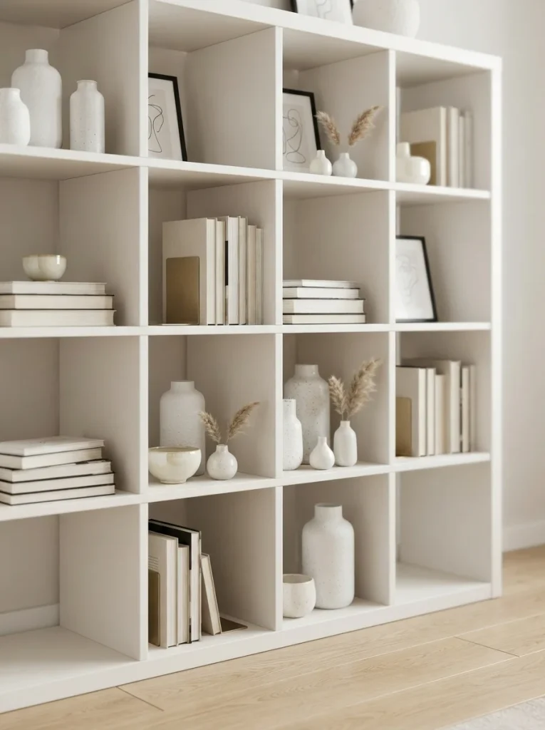 Stylish living room with curated cube vignettes
