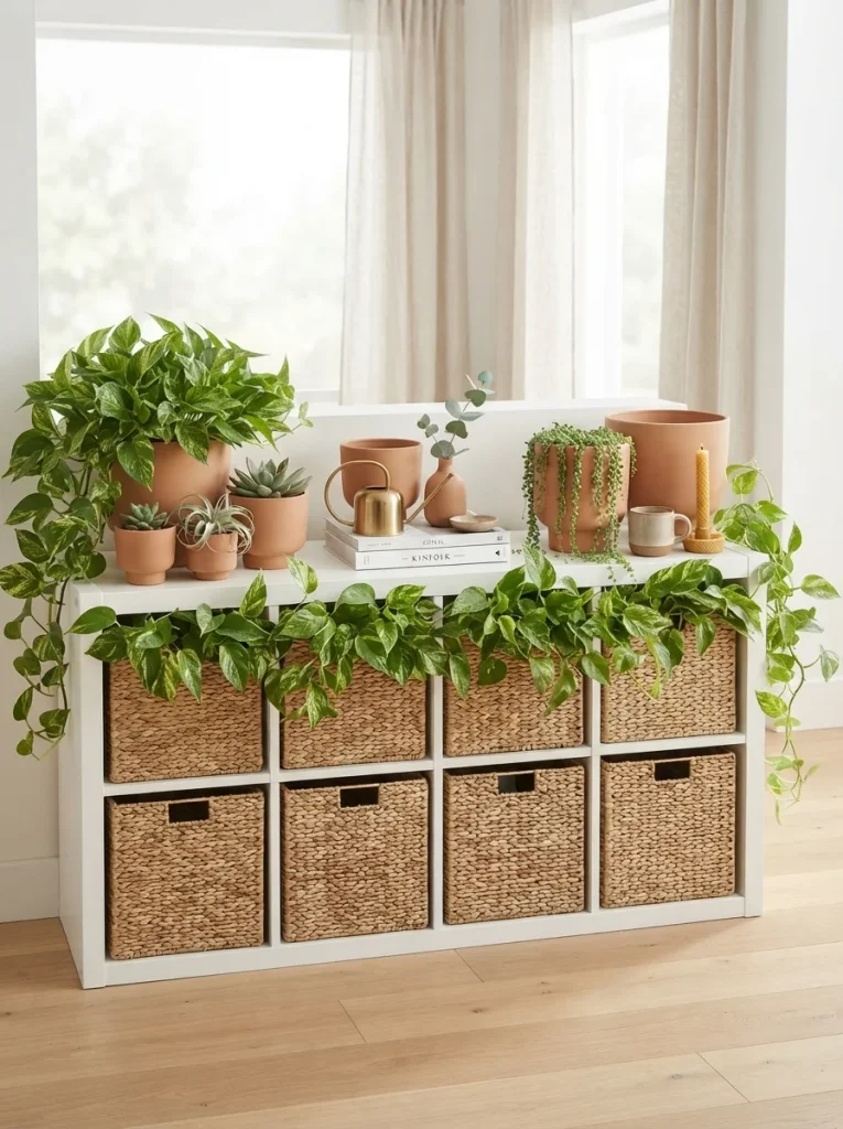 Stylish living room Kallax shelf with plants and baskets