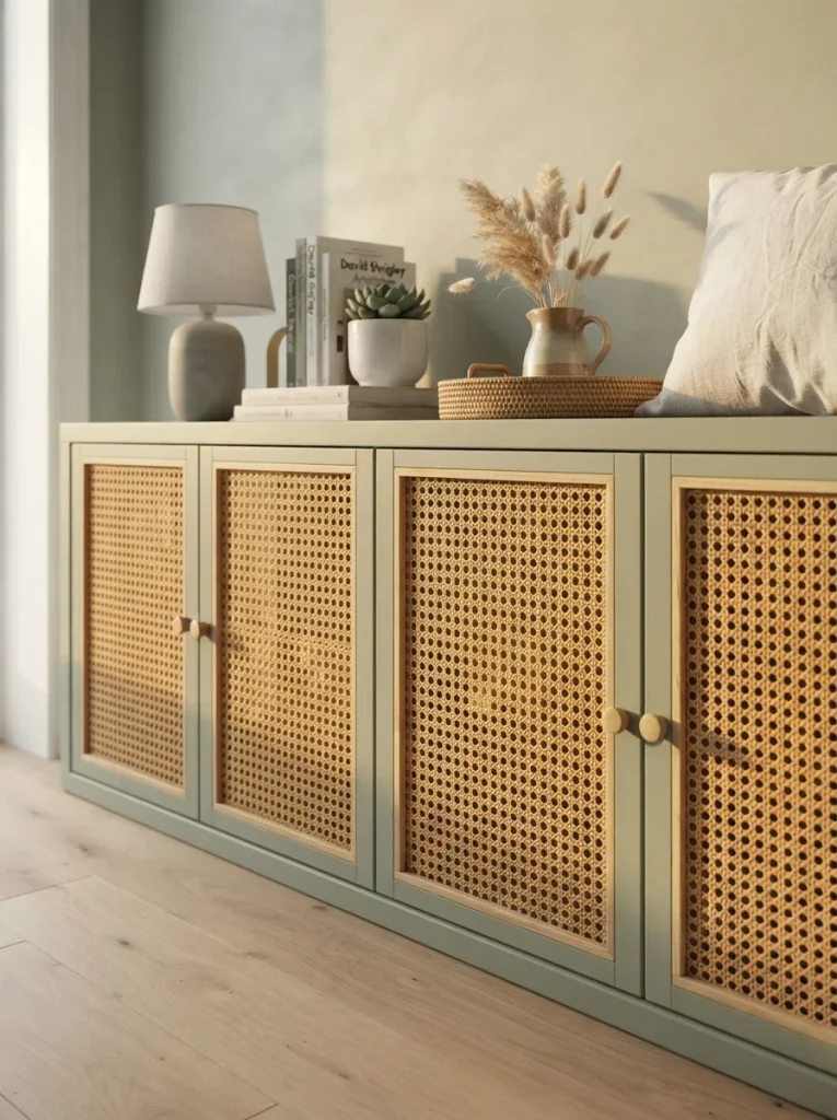 Rattan cane door fronts on a Kallax in a stylish living room