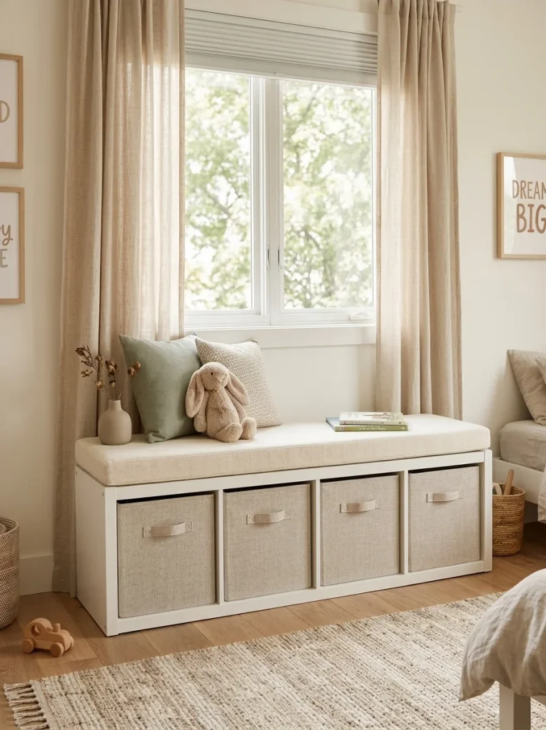 IKEA KALLAX shelf used as a window bench with a cream cushion and fabric storage bins in a kids’ bedroom.