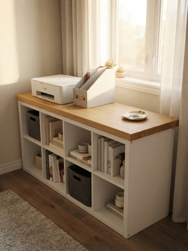Oak butcher block top IKEA Kallax home office credenza.