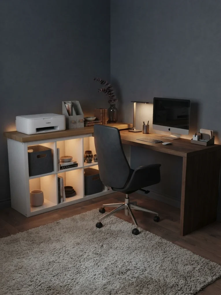 IKEA Kallax home office storage with hidden LED lighting.