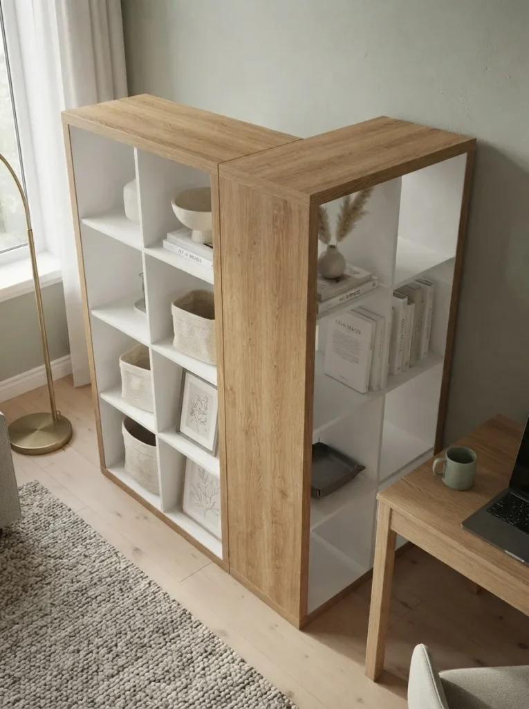 Back-to-back Kallax room divider in a stylish living room
